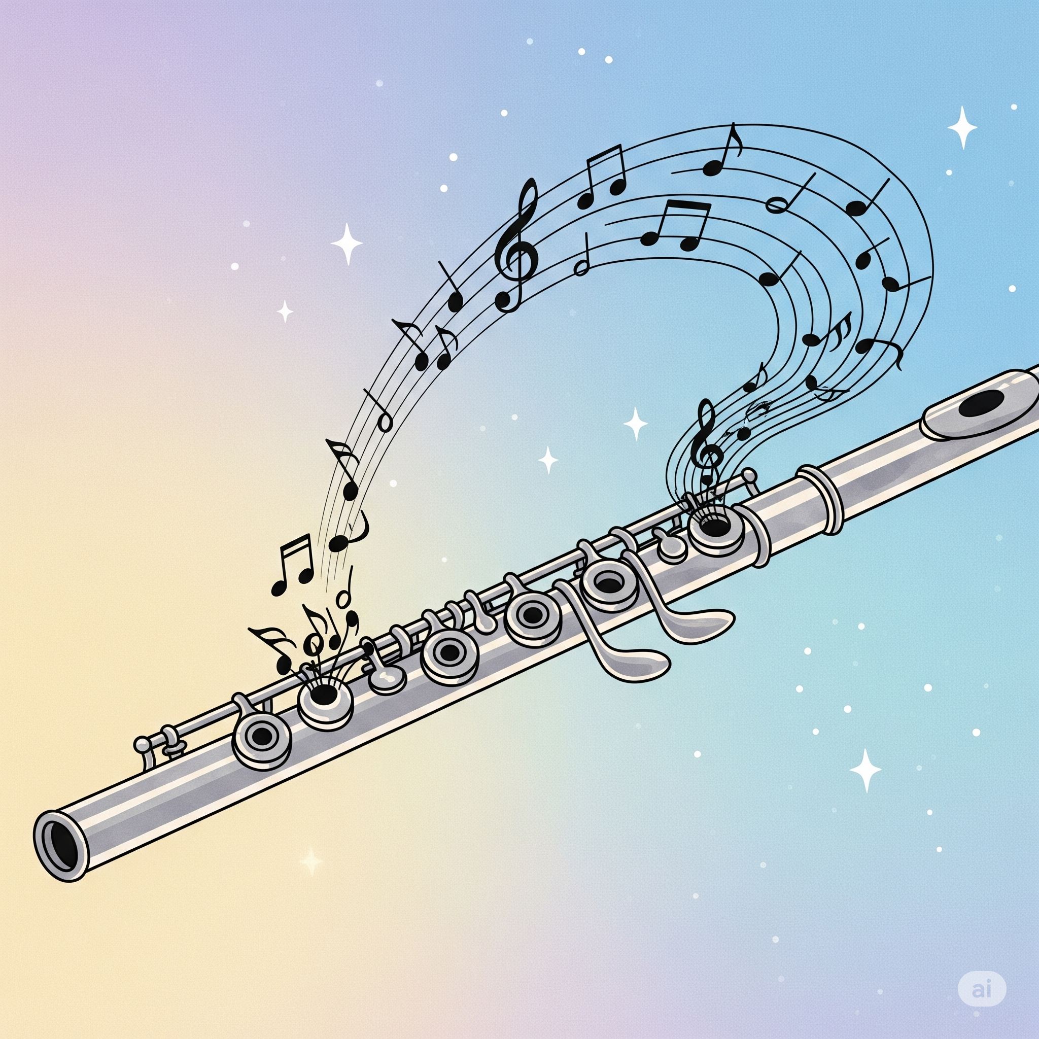 美しいフルートと音符のイラスト